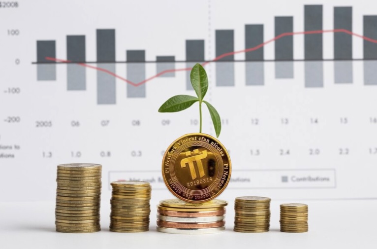 Stack of coins with growing leaves